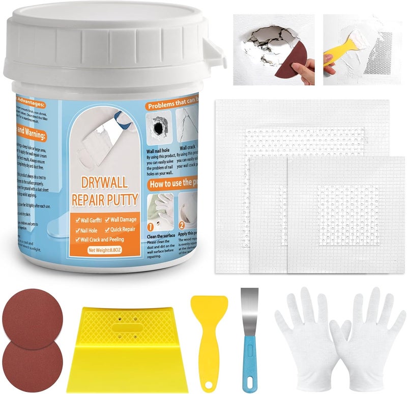 LifeisLuck Drywall Repair Kit, Drywall Patch Repair Kit with 8.8OZ White Wall Repair Putty, Scraper Sandpapers Gloves for Heavy Duty Plaster Wall Repair, Easy to Fill Holes in Home Wall & Quick Repair Crack - Image 1